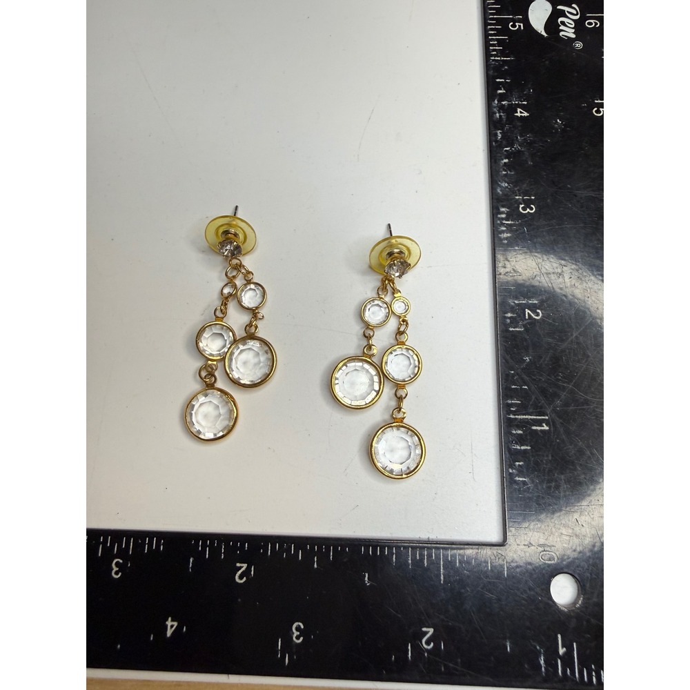 Gold Tone Clear Crystal Tiered Drop Dangle Post Earrings 2 Inch